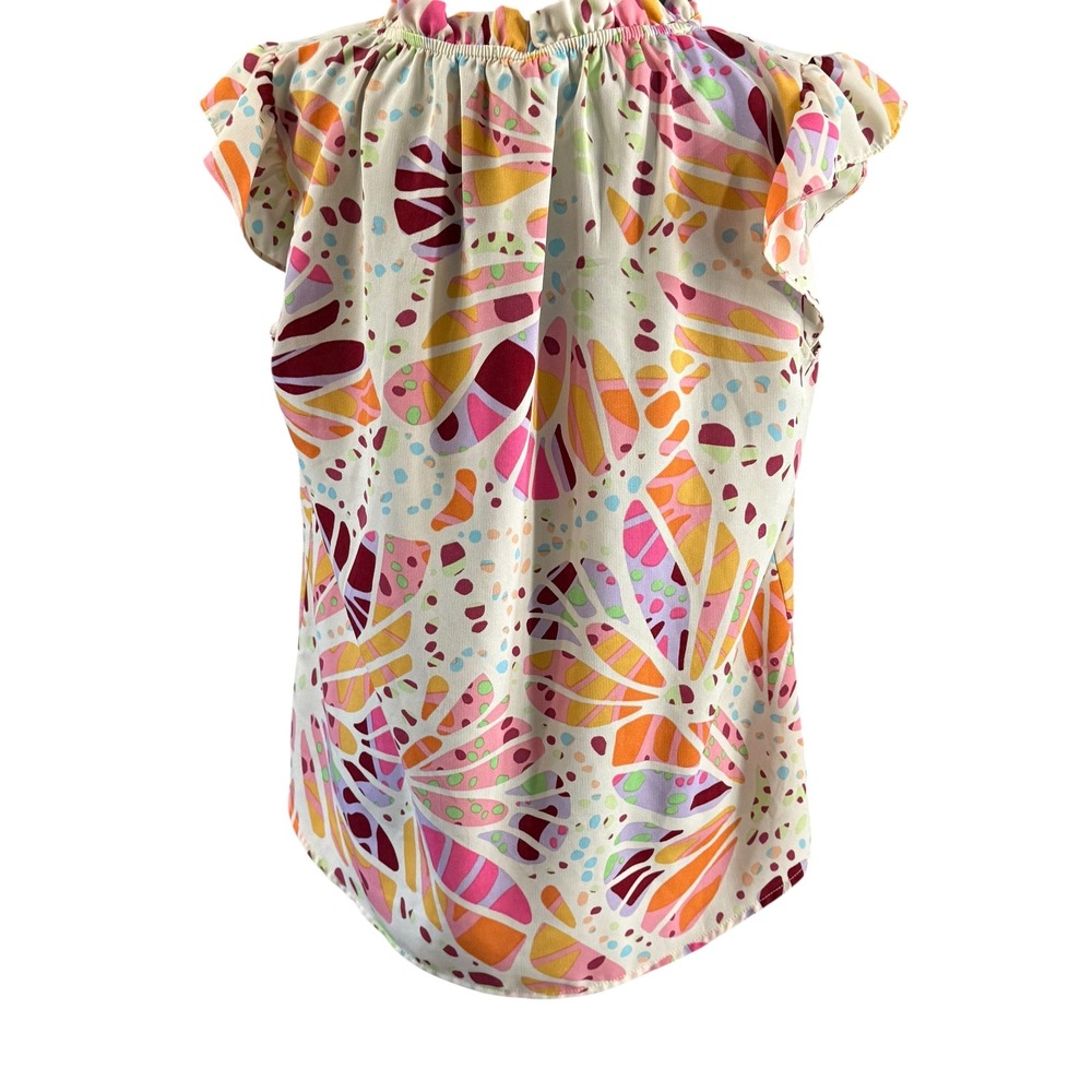 ADORA Womens Abstract Mod  Print Flutter Sleeve Ruffle Neck Blouse Sz S RUNS BIG